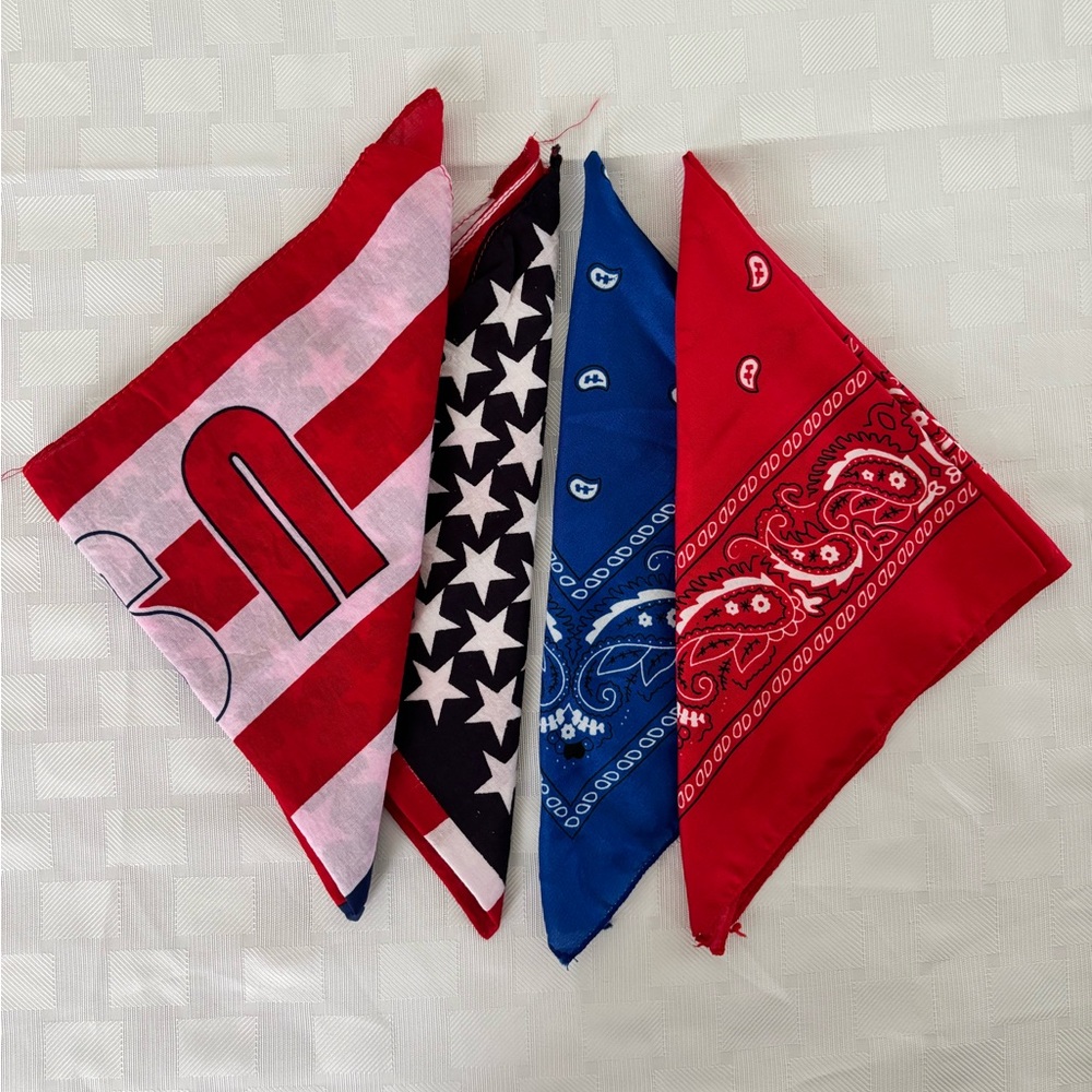 Bandana Set of 4- Red, Blue, Black & White. Square 19”x19”